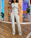 Women Beige Sleeveless Faux Two-Piece Vest and Pants Two-Piece Set