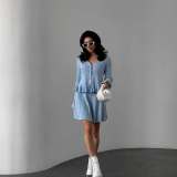 Women Spring French V-Neck Long-Sleeved Diamond Buttoned Ruffle Knitting Top and Skirt Two-Piece Set