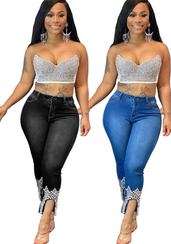 Women Beaded Crown Denim Pants