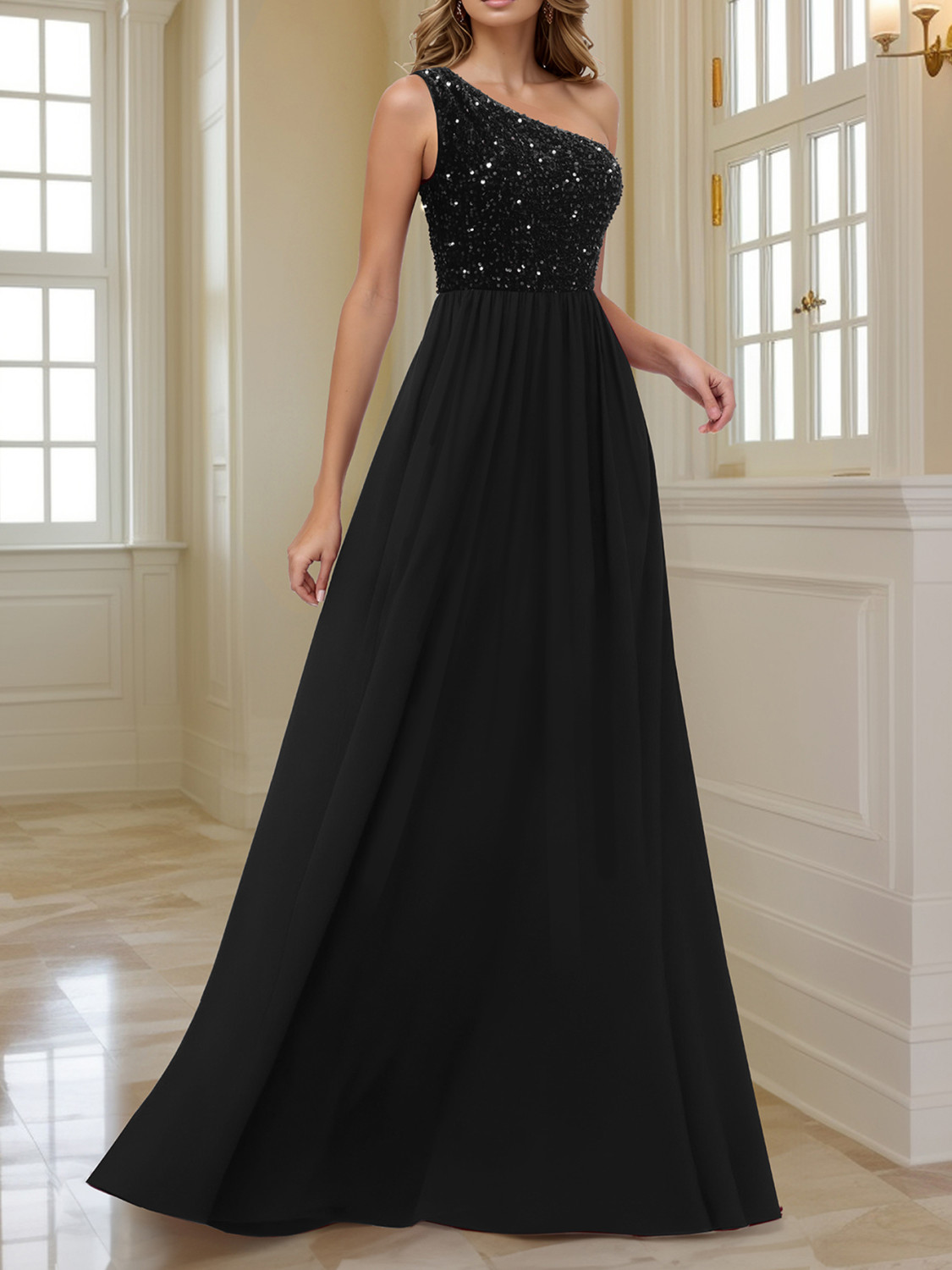 Wholesale Women Solid Slash Shoulder Sequin Patchwork Formal Party Maxi ...