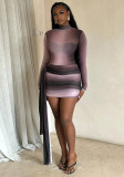 Women Gradient Stand Collar Colorblock Long-Sleeved Summer Bodycon Dress