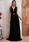 Women Sleeveless V-Neck Long Sequined Fishtail Evening Dress