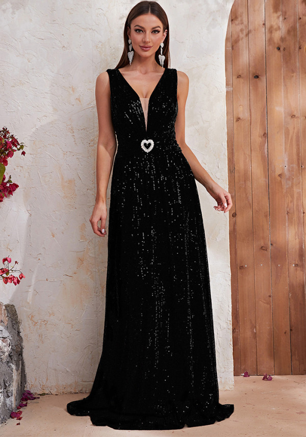 Women Sleeveless V-Neck Long Sequined Fishtail Evening Dress