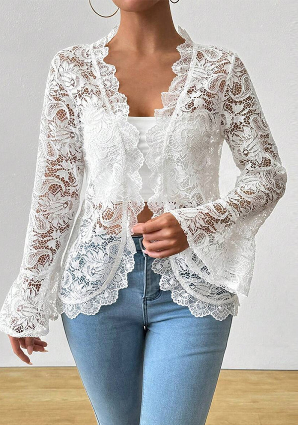 Women Spring/Autumn Lace-Cut Bell Bottom Long-Sleeved Top