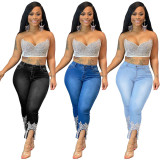 Women Beaded Crown Denim Pants