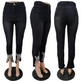 Women Beaded Crown Denim Pants