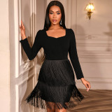 Women square-neck pleated long-sleeved cascade tassel bodycon dress