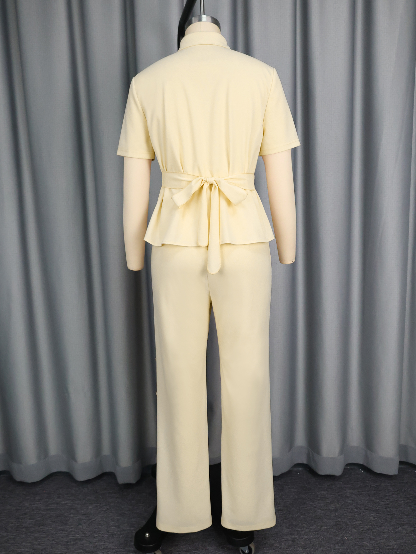 Women turndown collar two-piece shirt and pants set with cutout buttons