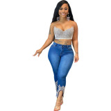 Women Beaded Crown Denim Pants