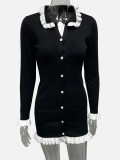 Women Fall Ruffle Edge Colorblock Knitting Mini Dress