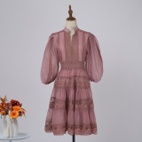 Women Solid Half-Sleeve Lantern Sleeve Patchwork Dress