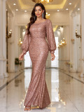 Women Sequined Puff Sleeve Formal Party Evening Dress