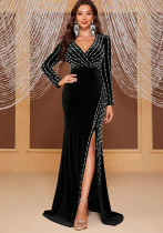 Women Fall Pearl-Encrusted Slit Evening Dress