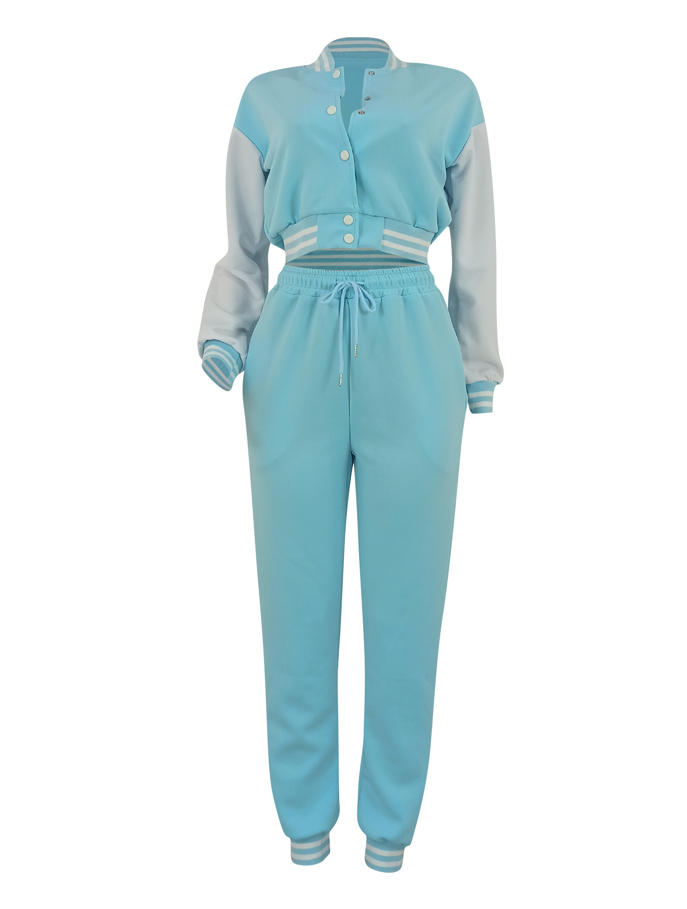 Women contrasting color baseball top and pant two-piece set
