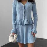Women Spring French V-Neck Long-Sleeved Diamond Buttoned Ruffle Knitting Top and Skirt Two-Piece Set