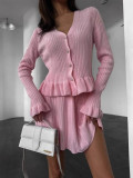 Women Spring French V-Neck Long-Sleeved Diamond Buttoned Ruffle Knitting Top and Skirt Two-Piece Set