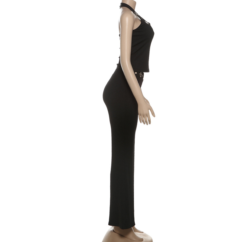 Women Autumn Sleeveless Halter Neck Top and Pants Two-Piece Set