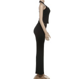 Women Autumn Sleeveless Halter Neck Top and Pants Two-Piece Set