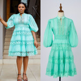 Women Solid Half-Sleeve Lantern Sleeve Patchwork Dress