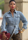 Women Casual Lace-Up Washed Crop Denim Jacket