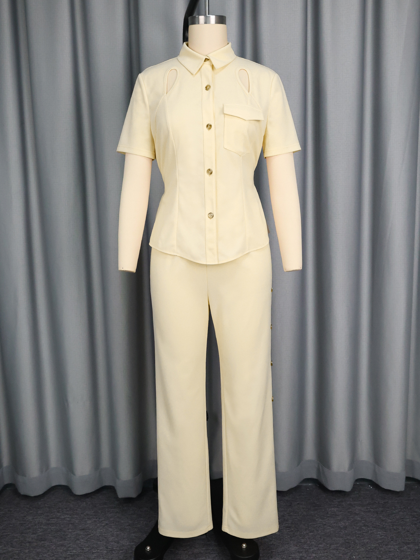 Women turndown collar two-piece shirt and pants set with cutout buttons