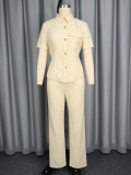 Women turndown collar two-piece shirt and pants set with cutout buttons