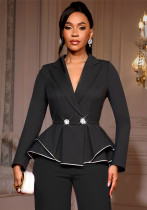 Women turndown collar long-sleeved blazer jacket, irregular ruffled contrasting color casual blazer