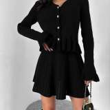 Women Spring French V-Neck Long-Sleeved Diamond Buttoned Ruffle Knitting Top and Skirt Two-Piece Set