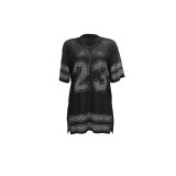 Women Casual Beaded See-Through Sexy Slit Sport V-Neck T-Shirt Dress