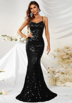 Women Spring/Autumn Strapless Off-Shoulder Sequined Maxi Evening Dress
