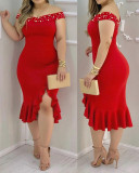 Plus Size Women Beaded Off-Shoulder Slit Mermaid Dress with Ruffles