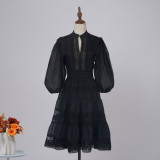 Women Solid Half-Sleeve Lantern Sleeve Patchwork Dress