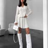 Women Spring French V-Neck Long-Sleeved Diamond Buttoned Ruffle Knitting Top and Skirt Two-Piece Set