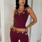 Women Autumn Sleeveless Halter Neck Top and Pants Two-Piece Set