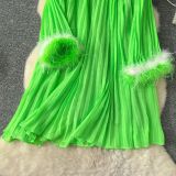 Women Fall Round Neck Diamond-Encrusted Feather Patchwork Long-Sleeved Pleated Dress