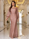 Women Sequined Puff Sleeve Formal Party Evening Dress