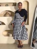 Women Patchwork Houndstooth Long-Sleeved Dress