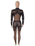 Women Sexy Mesh Irregular Stripe Print See-Through Long-Sleeved Bodysuit