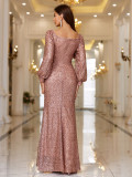 Women Sequined Puff Sleeve Formal Party Evening Dress