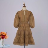 Women Solid Half-Sleeve Lantern Sleeve Patchwork Dress
