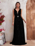 Women Sleeveless V-Neck Long Sequined Fishtail Evening Dress