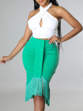 Women Halter Neck Crop Top Bodycon Tassel Skirt Two-Piece Set