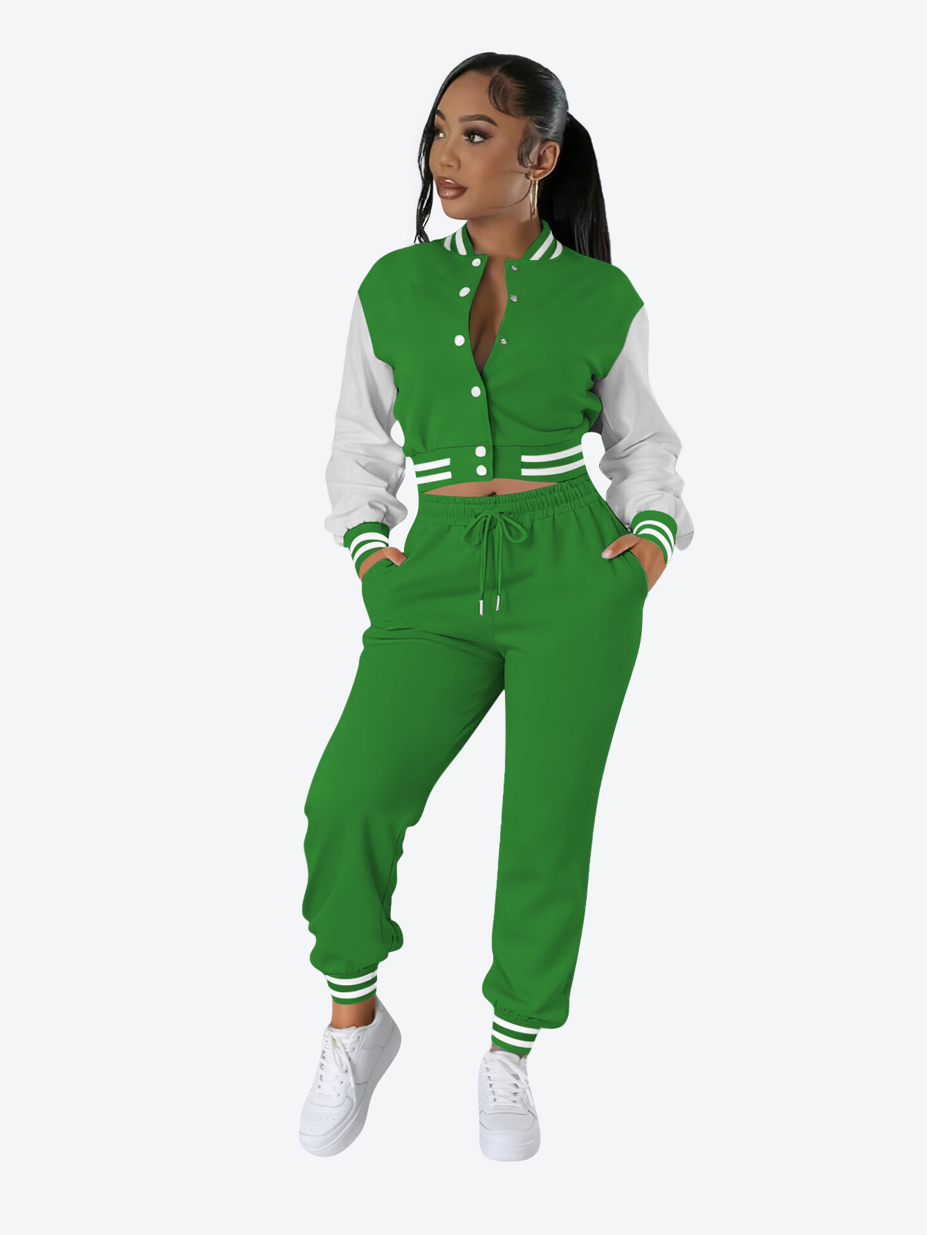 Women contrasting color baseball top and pant two-piece set
