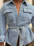Women Casual Lace-Up Washed Crop Denim Jacket