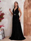Women Sleeveless V-Neck Long Sequined Fishtail Evening Dress
