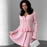 Women Spring French V-Neck Long-Sleeved Diamond Buttoned Ruffle Knitting Top and Skirt Two-Piece Set