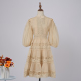 Women Solid Half-Sleeve Lantern Sleeve Patchwork Dress