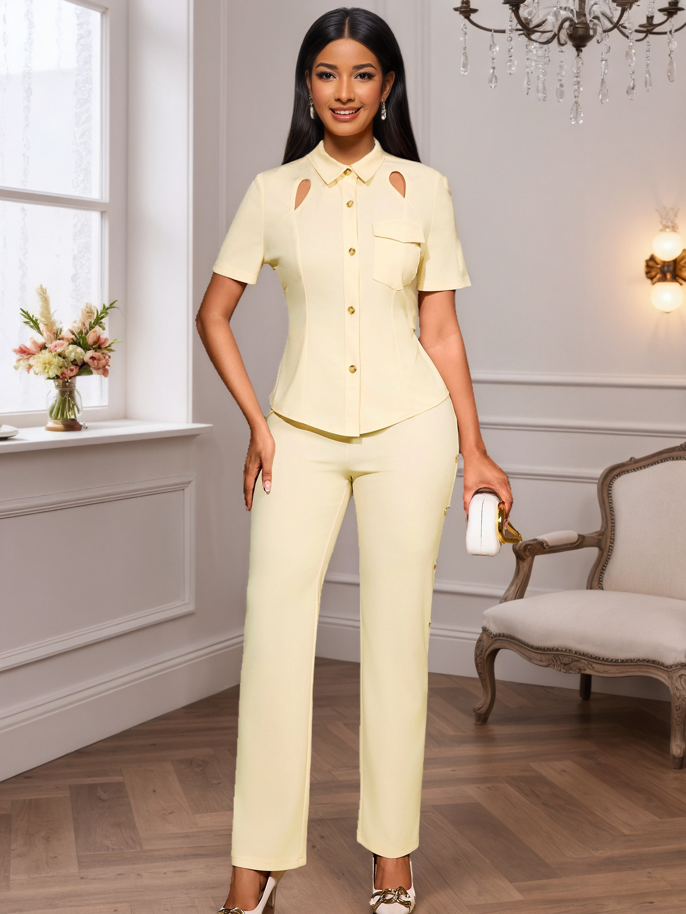 Women turndown collar two-piece shirt and pants set with cutout buttons