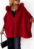 Women Fall/Winter Pocket Zipper Fur Collar Knitting Hooded Jacket