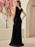 Women Fall Sleeveless V-Neck Sequined Slit Evening Maxi Evening Dress